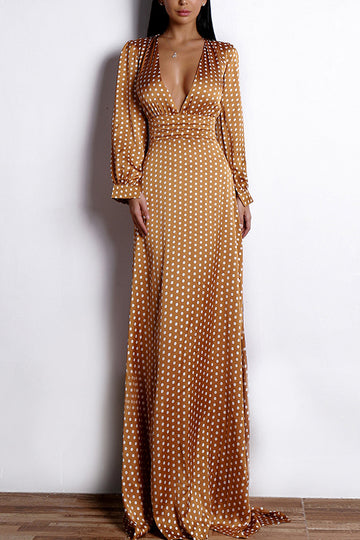 Yellow A Line V Neck Long Sleeves Bohemian White Polka Dots Dress